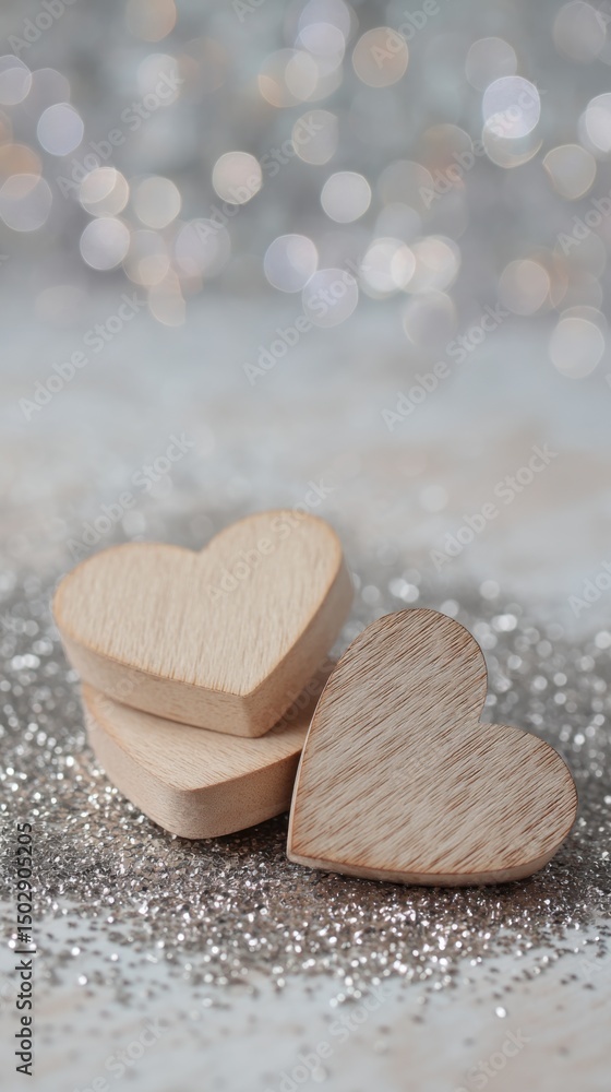 Obraz premium Wooden heart decorations on a sparkling background create a romantic atmosphere for various celebrations
