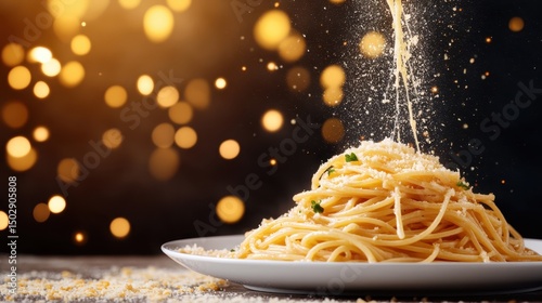Fototapeta Naklejka Na Ścianę i Meble -  A plate of spaghetti topped with freshly grated cheese, showcasing a delightful and mouthwatering Italian dish perfect for food lovers and culinary enthusiasts.