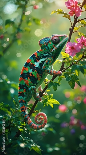 The image presents a vibrant floral scene dominated by a profusion of pink peonies with green foliage, set against a backdrop of a pale blue sky with scattered clouds.