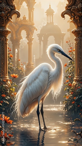 A digital illustration depicting a white heron standing in a reflective pool, with an ornate architectural structure and orange flowers in the background.