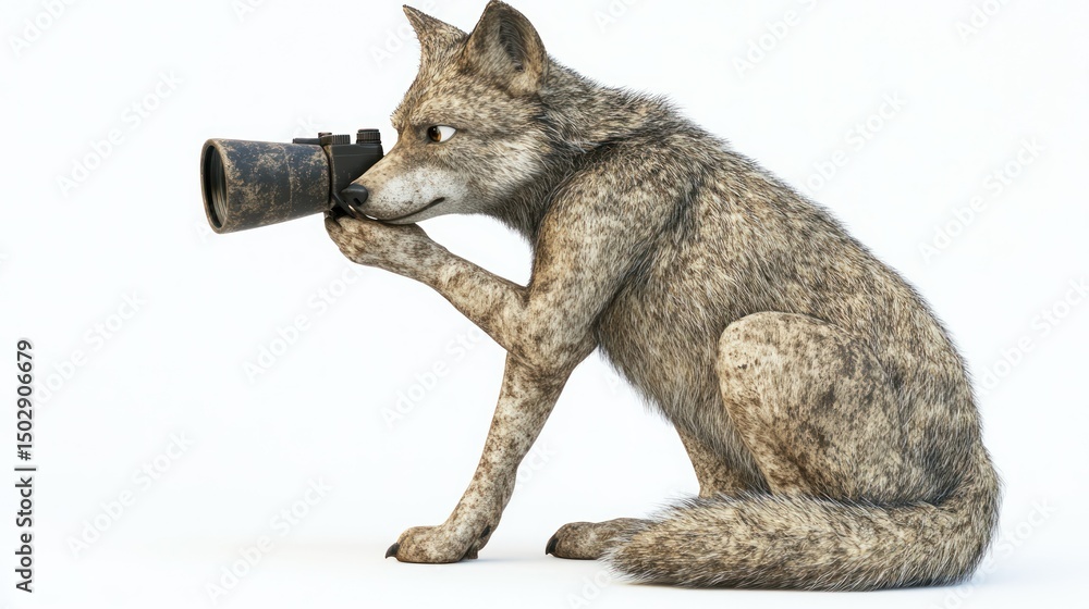 Fototapeta premium Coyote with a vintage camera, digitally rendered