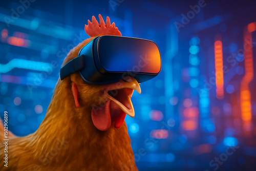 A high resolution image of a hen wearing a VR headset with a full of enjoyment, vibrant tech-related color composition, Generative Ai