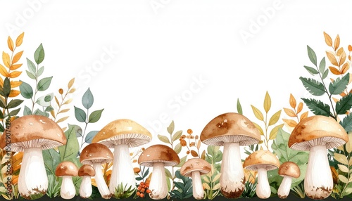 Autumnal Mushrooms and Foliage: A Watercolor Border