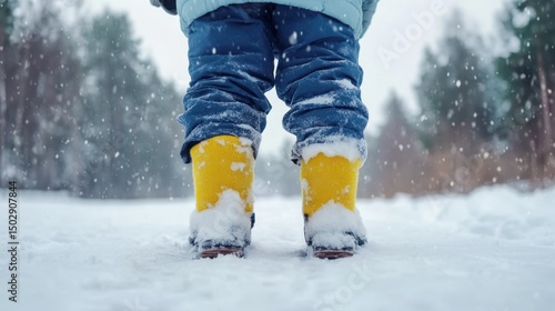 Wallpaper Mural Child's legs in yellow snow boots, snowy forest Torontodigital.ca