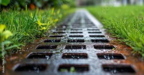 Rusty Metal Drainage Grate in Green Grass