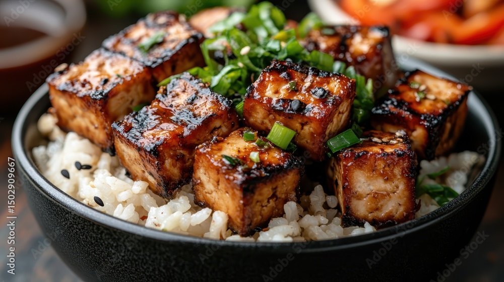A vibrant bowl of grilled tofu cubes, garnished with green onions atop fluffy rice, showcasing a colorful and healthy meal option that's bursting with flavor. A vibrant bowl of grilled tofu cubes, garnished with green onions atop fluffy rice, showcasing a colorful and healthy meal option that's bursting with flavor.
