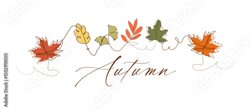 Autumn leaves connected with line and inscription Autumn Art of simple design Lines and spots Vector illustration