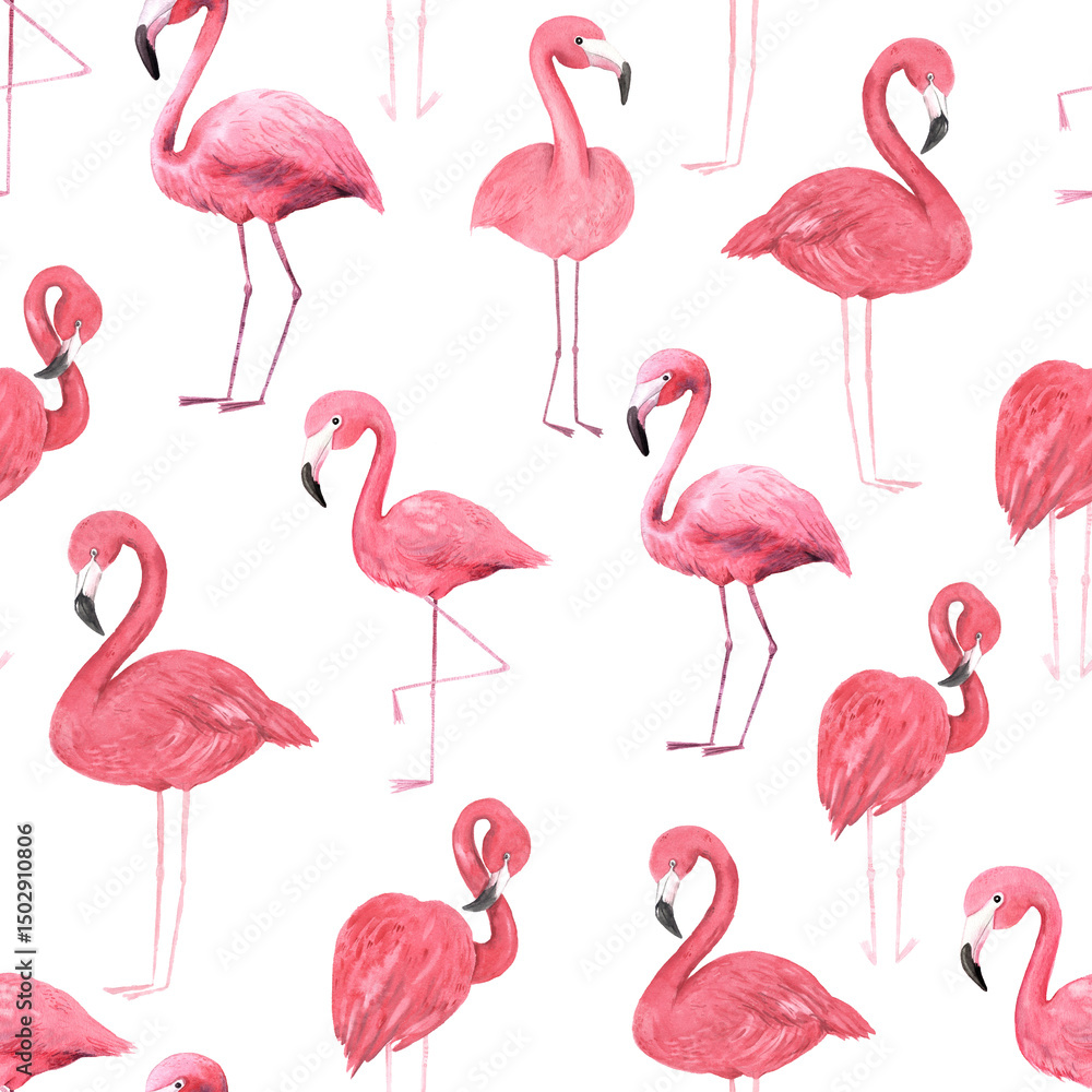Fototapeta premium Seamless pattern with watercolor tropical pink flamingo birds. Hand painted jungle paradise background perfect for textile and scrapbooking