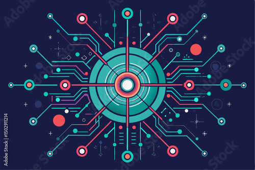 Futuristic abstract technology background featuring glowing concentric circles, radial lines, and blue neon dots on a dark gradient backdrop. Ideal for high-tech