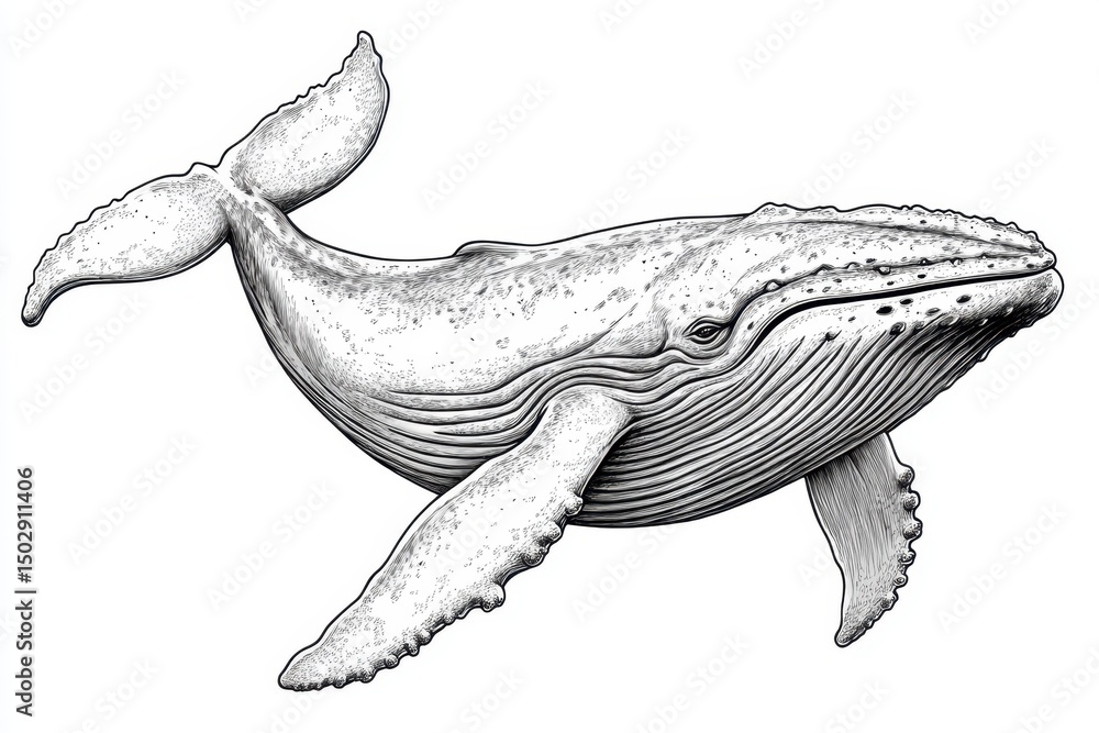 Fototapeta premium Detailed Ink Drawing of a Humpback Whale Oceanic Mammal Illustration