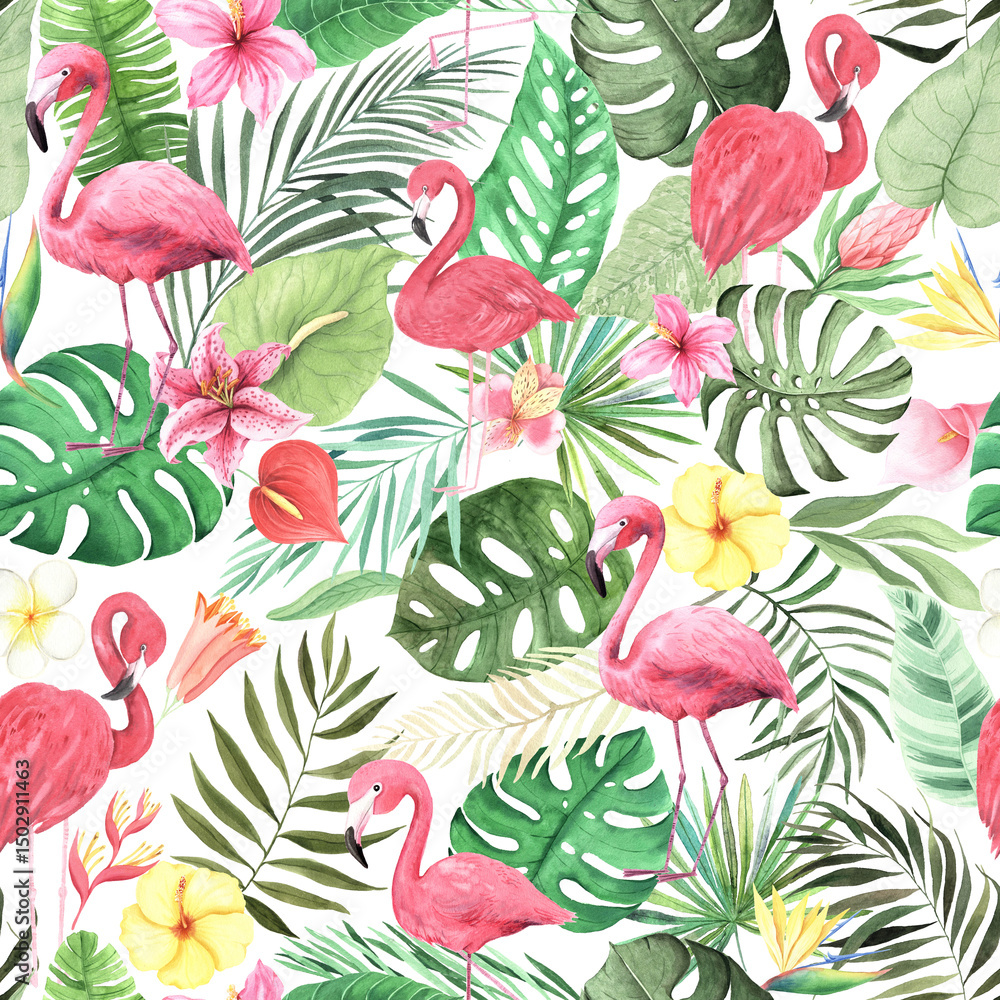 Obraz premium Seamless pattern with watercolor tropical pink flamingo birds exotic flowers. Hand painted jungle paradise background perfect for textile and scrapbooking