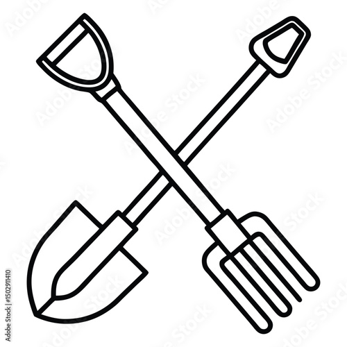 A simple black line drawing featuring a crossed shovel and rake symbolizing gardening or landscaping tools. The shovel has a rounded blade, while the rake has several tines. The design is minimalist