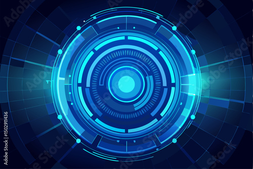 Futuristic abstract technology background featuring glowing concentric circles, radial lines, and blue neon dots on a dark gradient backdrop. Ideal for high-tech