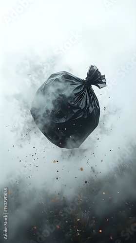 The image depicts a black garbage bag soaring through a misty, foggy environment, with airborne debris and scattered sparks accompanying the bag.