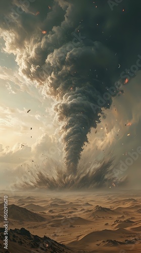 The image portrays a dramatic, cloud-filled sky over a barren, desert landscape, with a massive plume of smoke rising from the ground.