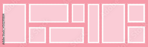 Valentines postage stamp set. Pink post stamp frame and border.  square and Rectangular shapes for mail, postcard, letter. Vintage Jagged wavy edge forms for poster, banner, badge, sticker. Vector
