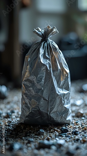 A crumpled silver garbage bag stands out against a blurred background, its contents hidden, suggesting an indoor setting.