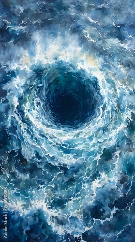 The image presents a watercolor painting that showcases a striking underwater scene, with swirling water exhibiting a mix of blue and white hues.