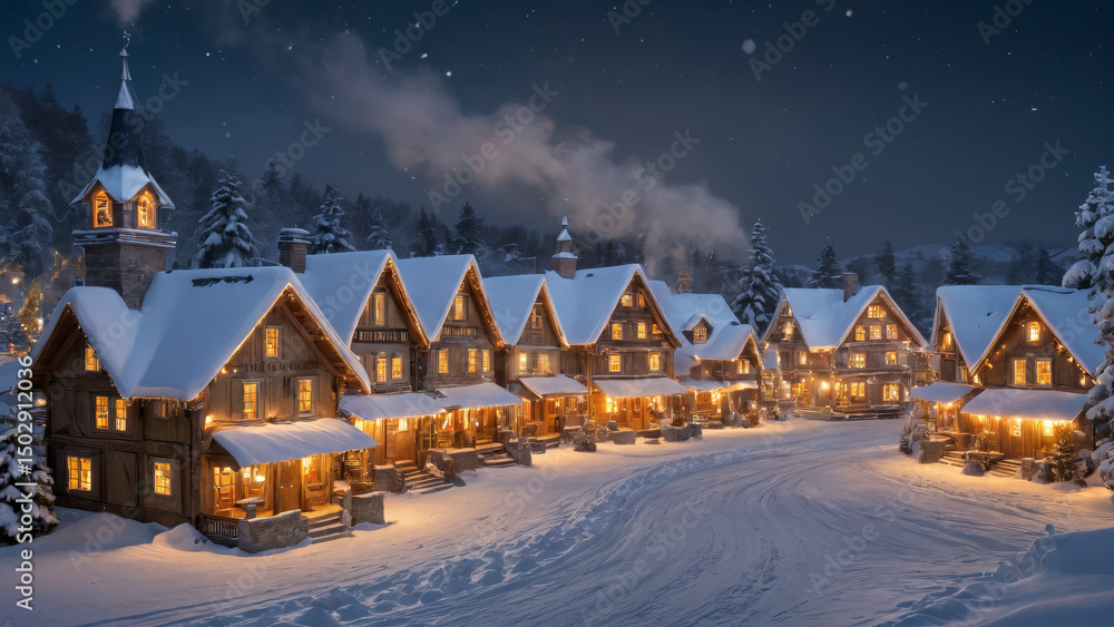 Fototapeta premium Magical Snow-Covered Christmas Village at Night with Glowing Windows and Chimney Smoke, Soft Falling Snow and Warm Holiday Lights in a Fairy-Tale Winter Scene