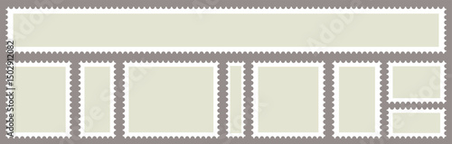 Post stamps. Empty stamps set. Postal shapes border. Blank frames for mail letter. Postage perforated templates. Collection paper postmarks isolated on background. Vector illustration. Flat design.