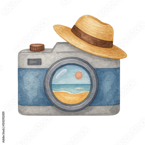 Camera and Summer Hat: A watercolor illustration of a camera topped with a straw hat, perfect for travel, sun, and beach vacations. Capturing the essence of summer and photography.
