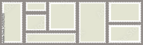 Post stamps. Empty stamps set. Postal shapes border. Blank frames for mail letter. Postage perforated templates. Collection paper postmarks isolated on background. Vector illustration. Flat design.