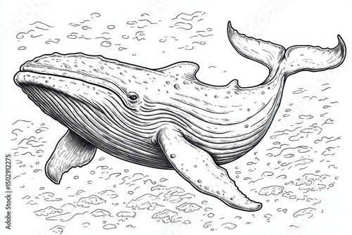 Detailed Line Drawing of a Humpback Whale Underwater