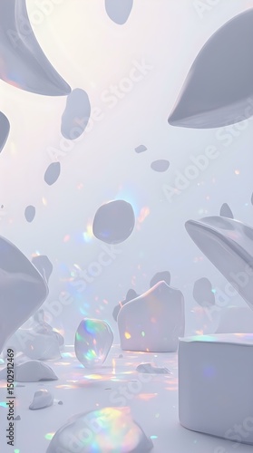 An abstract image featuring floating, translucent shapes resembling ice crystals or snowflakes, creating a dreamy, ethereal atmosphere.