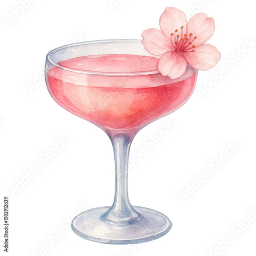 Cherry Blossom Cocktail: Watercolor art of a dainty pink cocktail garnished with a delicate cherry blossom, evokes a sense of spring's fleeting beauty and light, refreshing indulgence.