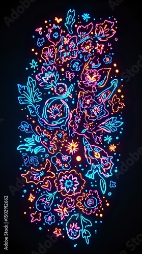 The image is a vibrant, neon-style graphic featuring a riot of colorful flowers and floral elements against a dark backdrop.