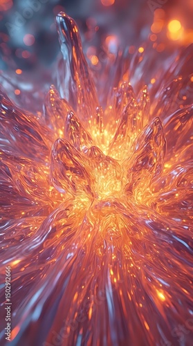 The image captures a close-up view of a luminescent, fiery explosion, with a radiant glow and a vibrant blend of orange and purple hues, set against a blurred backdrop.