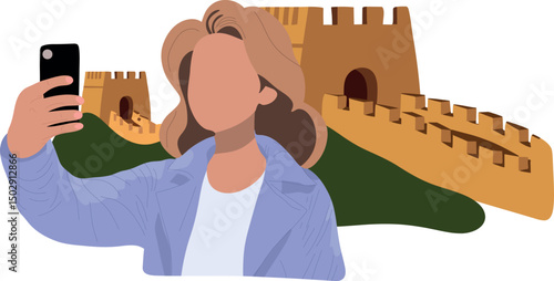 Selfie with Great Wall China.Capture timeless moments with selfies at iconic historical places across the globe.