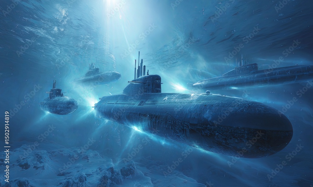 Submarines gliding through serene deep ocean landscapes Submarines gliding through serene deep ocean landscapes