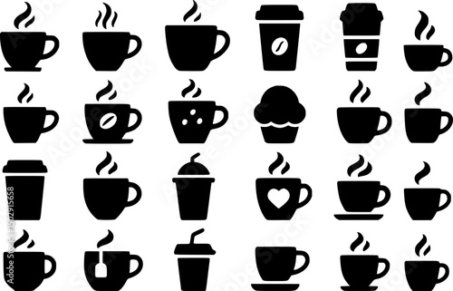Wallpaper Mural Set of black and white icons depicting various coffee and tea drinks, including cups, mugs, takeaway containers, and a cupcake. Torontodigital.ca