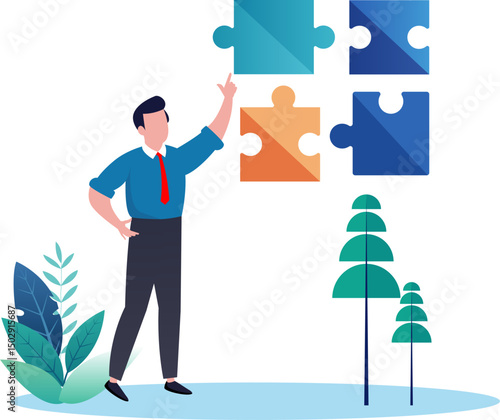 Solve puzzle problem, think of solution, finish or accomplishment, creativity idea or challenge, connect jigsaw piece to resolve work or business trouble, complete jigsaw puzzle.