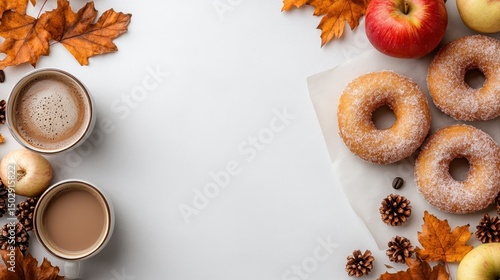 Fototapeta Naklejka Na Ścianę i Meble -  A delightful autumn scene featuring freshly baked donuts, apples, and coffee captures the essence of cozy vibes, inviting warmth and comfort during the fall season festivities.