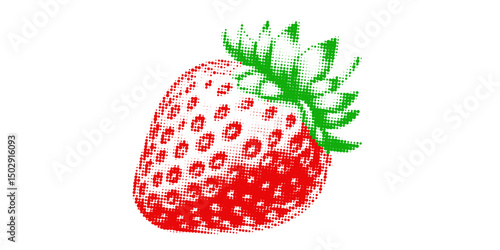 Pop art style halftone illustration of a strawberry with green leaves. Retro dotted texture effect, vibrant red and green colors, isolated on white background, stylized fruit design.