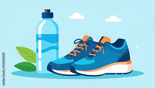 Blue Running Shoes And Water Bottle Illustration