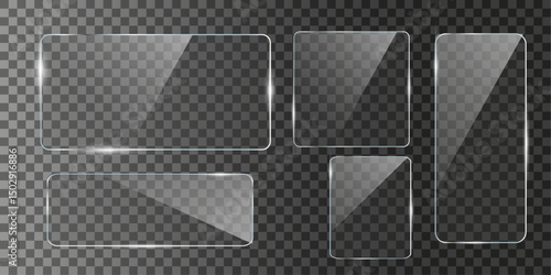 Glass plate frame Glossy window glass with reflections isolated on transparent surface
