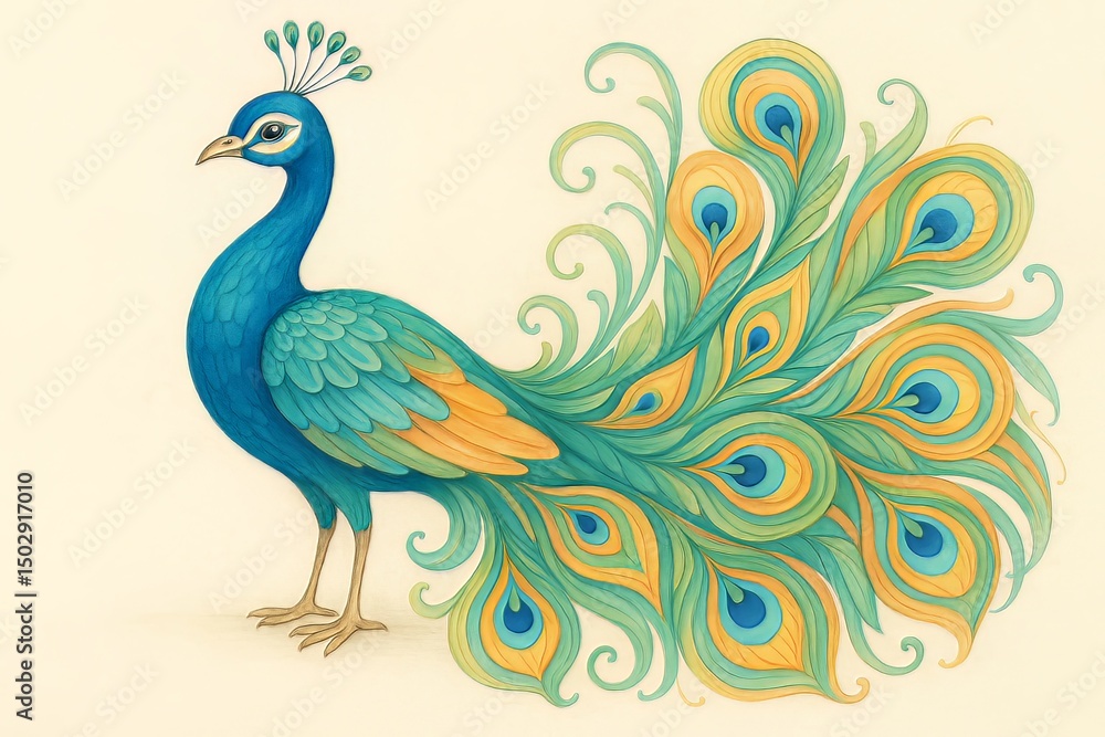 Obraz premium A vibrant watercolor illustration of a peacock with elaborate tail feathers against a light background