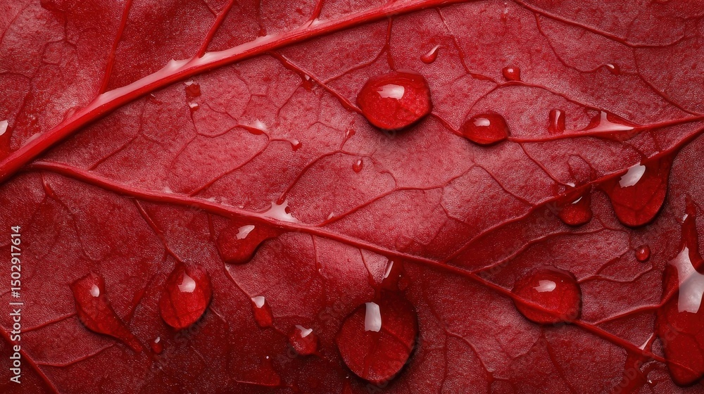 Fototapeta premium Vibrant red leaf adorned with glistening water droplets enhances the natural elegance of its veins, signifying vitality, freshness, and the beauty of nature's elements.