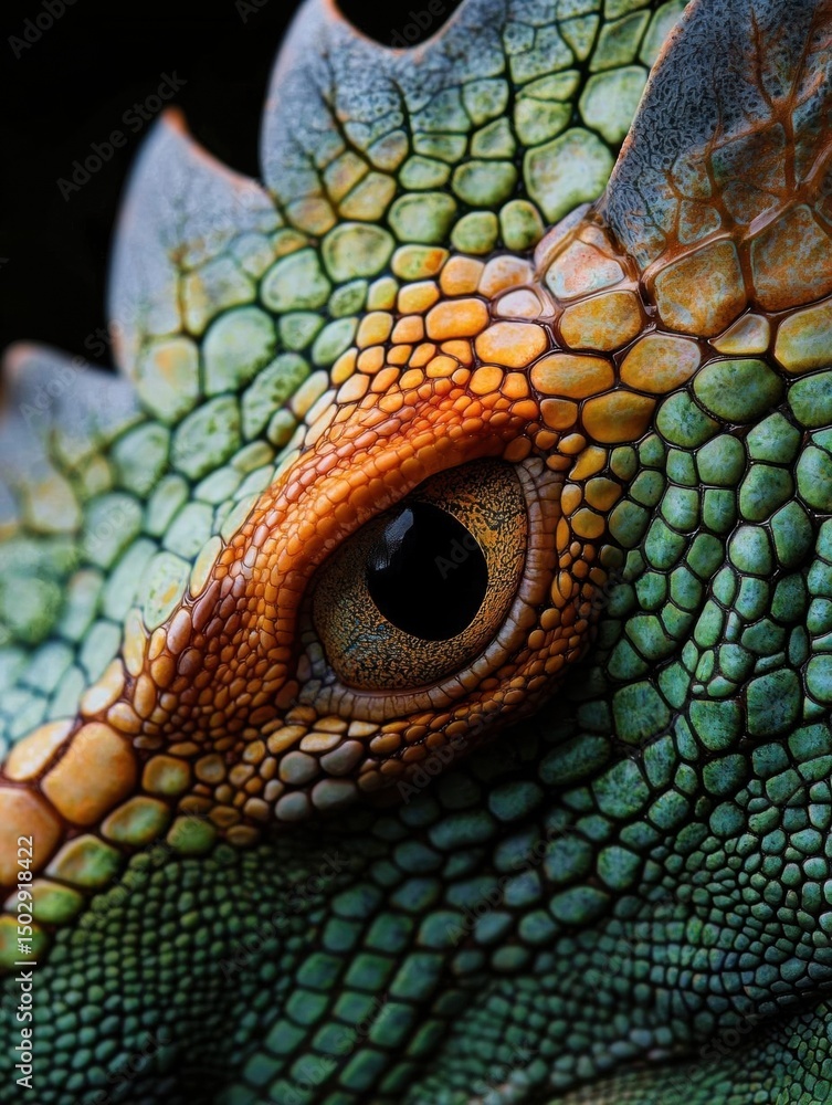 Fototapeta premium Close-up of the eye of a chameleon. the eye is the focal point of the image, with the iris and pupil clearly visible. the iris is a bright orange color, and the pupil is a darker shade of orange.