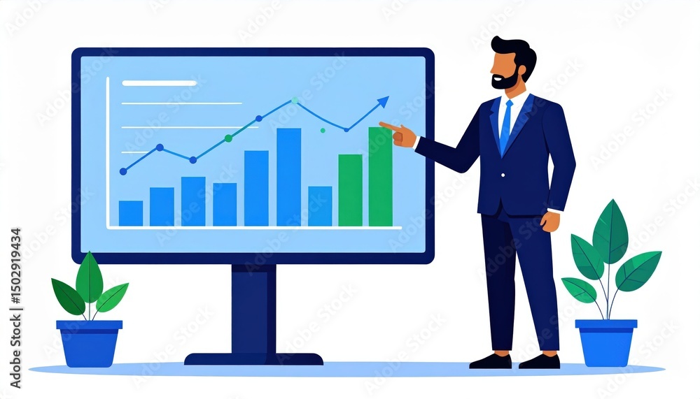 Businessman Presenting Growing Graph Data On Monitor Businessman Presenting Growing Graph Data On Monitor