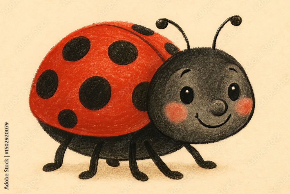 Fototapeta premium A charming cartoon ladybug with a red shell and black spots smiling on a cream colored background