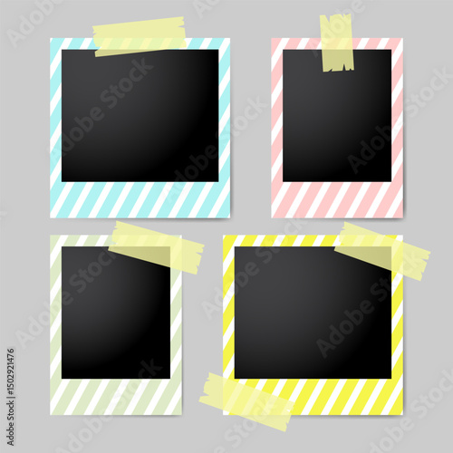 Colorful and cute set of vector polaroid frames with fun patterns and decorative tape accents. Fully editable and perfect for playful photo collages, scrapbooks, and creative digital projects.