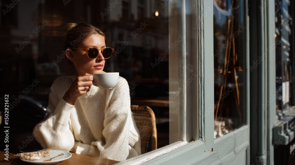 Obraz premium Woman enjoying coffee near a window