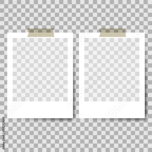 Set of 100% editable realistic vector blank polaroid frames with slot tips and transparent backgrounds. Perfect for collages, scrapbooks, and digital designs.