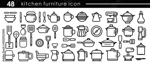 48 Kitchenware and Cooking Utensils Line Icon Set. Vector Outline of Pots, Pans, Appliances, Cutlery, and Food Preparation Tools for Culinary Menu.