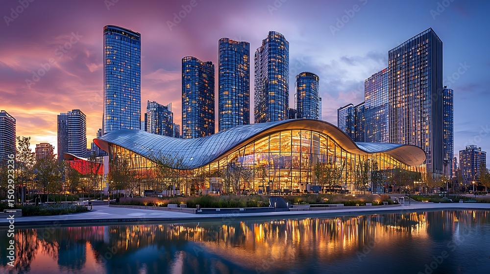 Naklejka premium Golden hour view of city towers high resolution picture