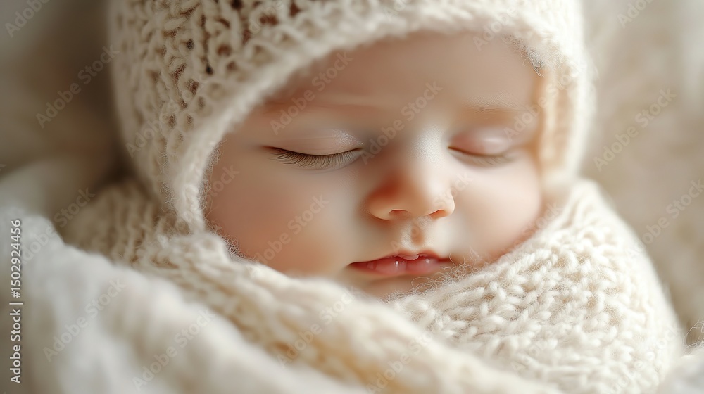 Newborn baby in soft white blanket, close-up of peaceful face, warm and tender atmosphere.
Newborn baby in soft white blanket, close-up of peaceful face, warm and tender atmosphere.